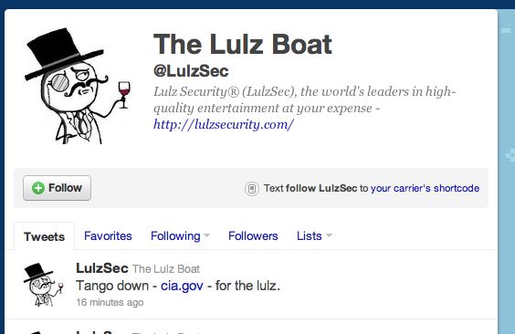 LulzSec美国中央情报局网站后在Twitter上留言